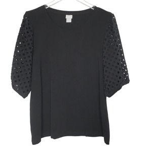 Chicos L Womens Black Eyelet Elbow Sleeve Top Puff Round Neck